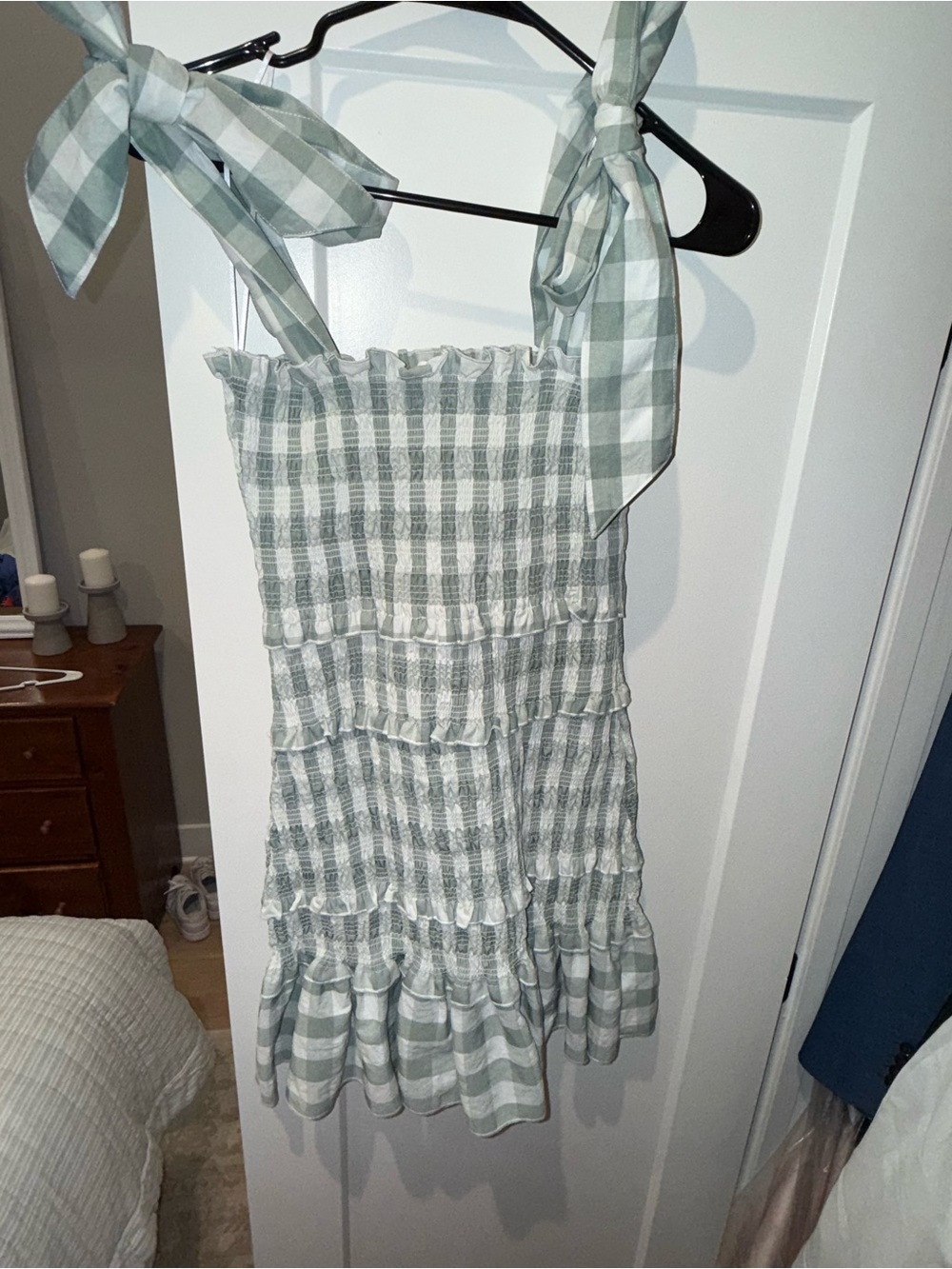 Smocked Gingham Tie-Shoulder Mini Dress in Sage Green
